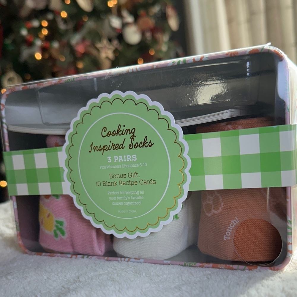 Floral Recipe Box w/Recipe Cards and a 3 pack of Cooking Inspired Socks Gift Set